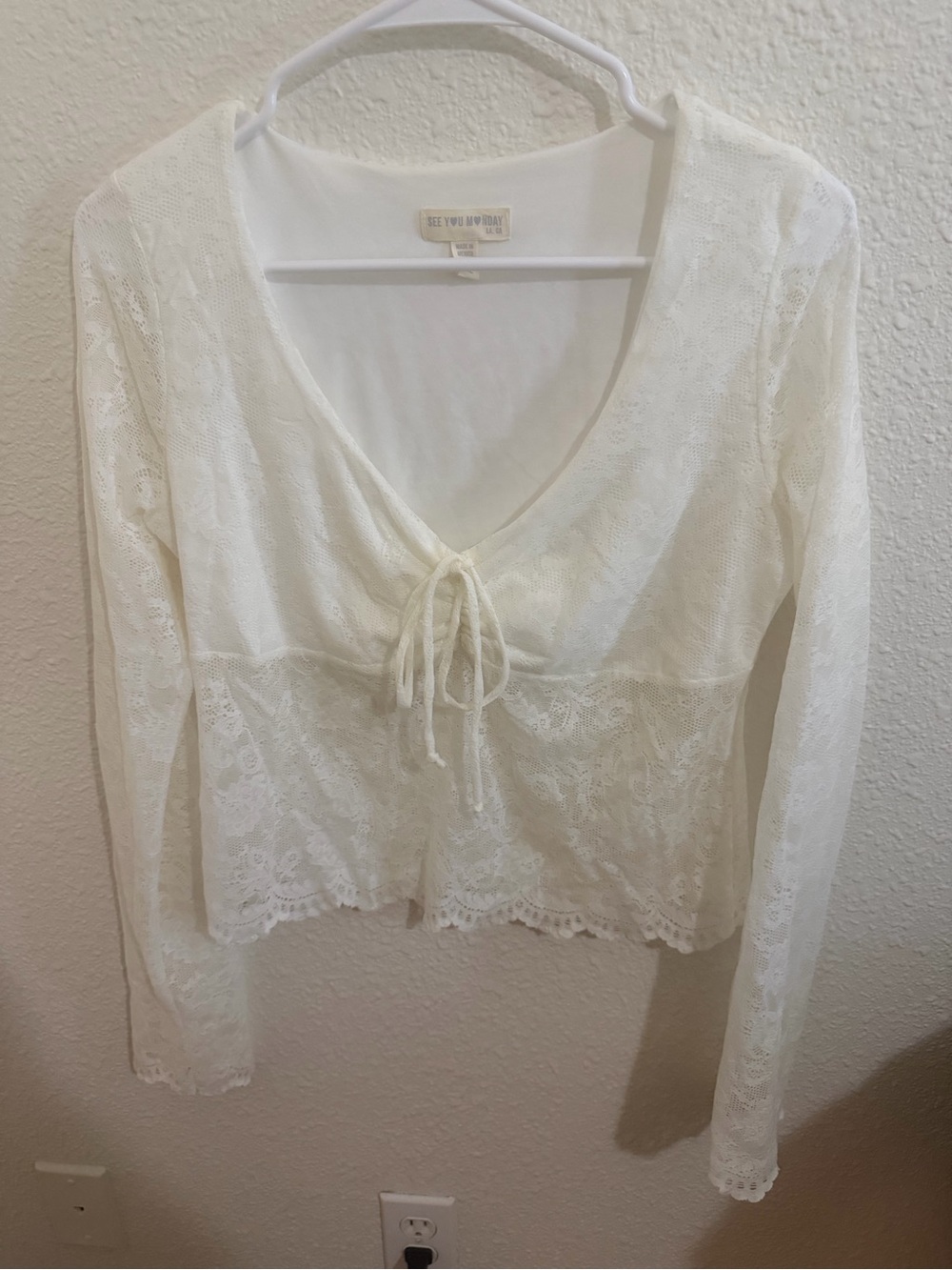 White Lace Long-Sleeve Crop Top with Tie Front